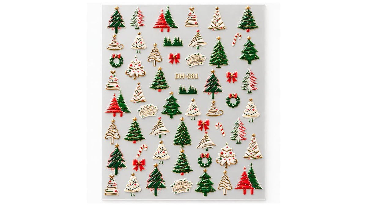 Nail Art Stickers - Christmas Trees Green & Gold